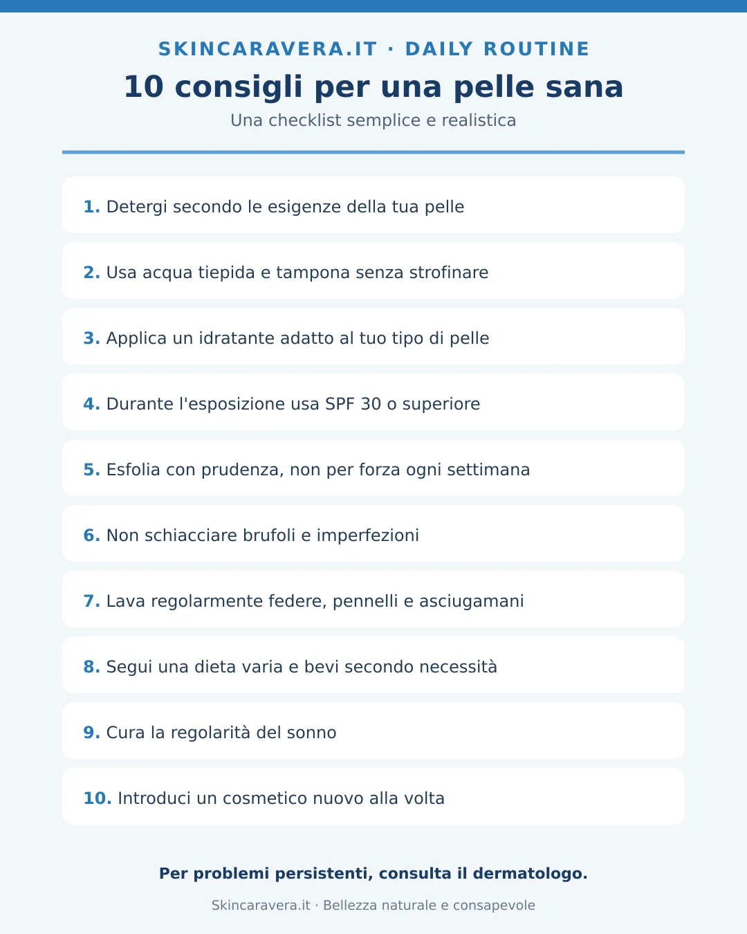 Checklist con dieci consigli quotidiani per la salute della pelle