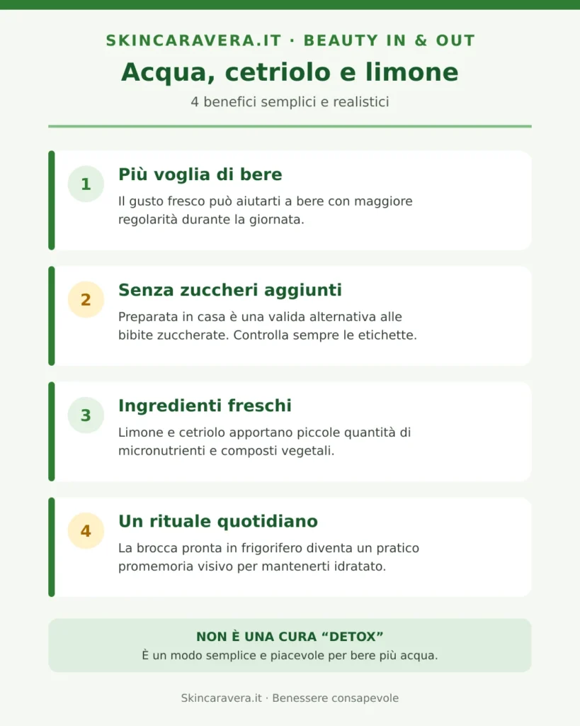 Infografica sui benefici realistici dell'acqua con cetriolo e limone